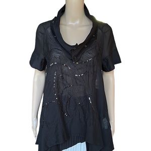 Diesel Removable Collar Black Semi-Sheer Embroidered Top with Sequins